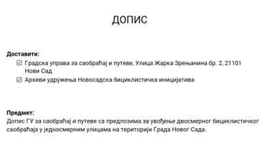 Dopis sa predlozima jednosmernih ulica za dvosmerno kretanje biciklista